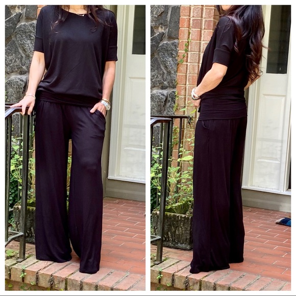 Black Wide leg Fold Waist Pants With Side pockets - Picture 8 of 8